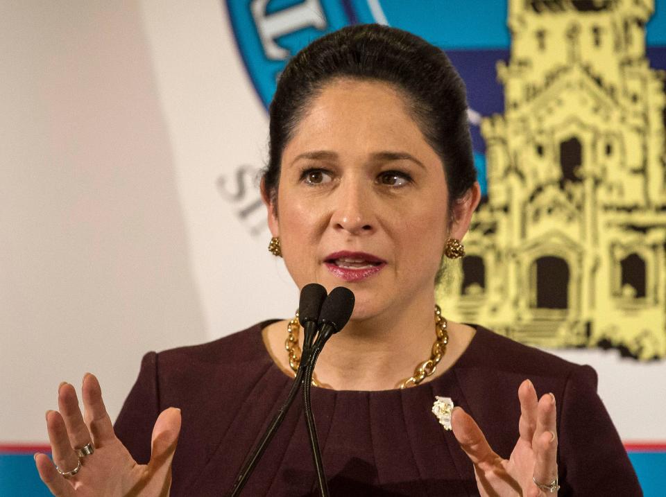 In this March 20, 2017 file photo, Illinois State Comptroller Susana Mendoza speaks to the City Club of Chicago in Chicago.