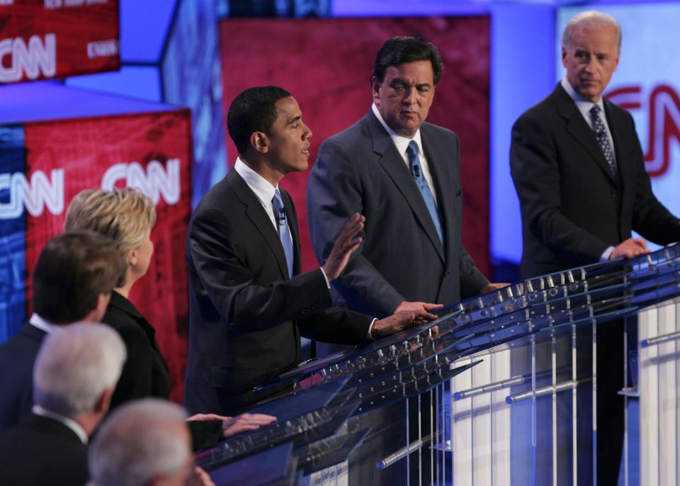 The Democratic presidential candidates debate in June 2007, from left: Mike Gravel; Christopher Dodd; John Edwards; Hillary Rodham Clinton; Barack Obama; Bill Richardson; Joe Biden.