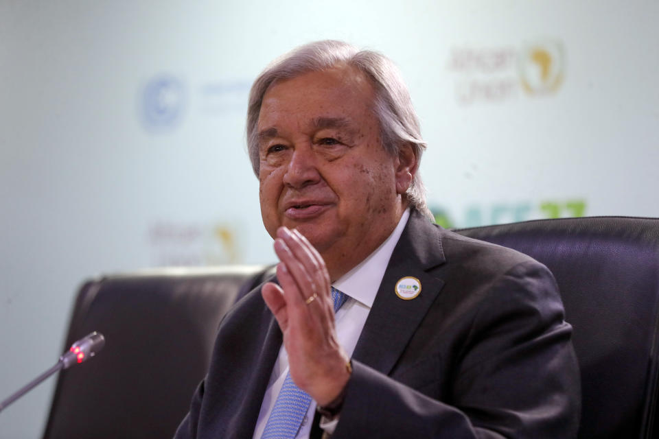 Secretary-General of the United Nations Antonio Guterres, speaks during the Africa Climate Summit at the Kenyatta International Conference Center in Nairobi, Kenya Tuesday, Sept. 5, 2023. Guterres told the summit it’s time to “break our addiction to fossil fuels.” (AP Photo/Brian Inganga)