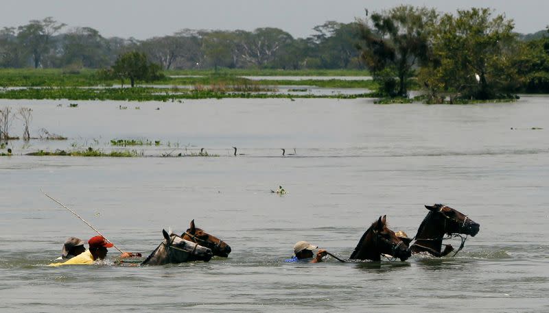 FILE PHOTO: Residents ride horses through a flood in the municipality of Sucre