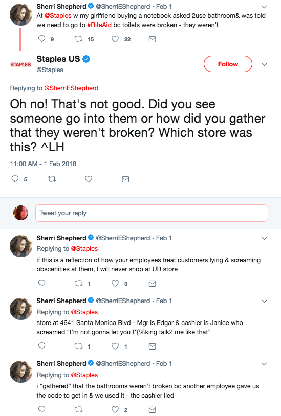 Shepherd shared her experience at Staples on Twitter. (Photo: Twitter)