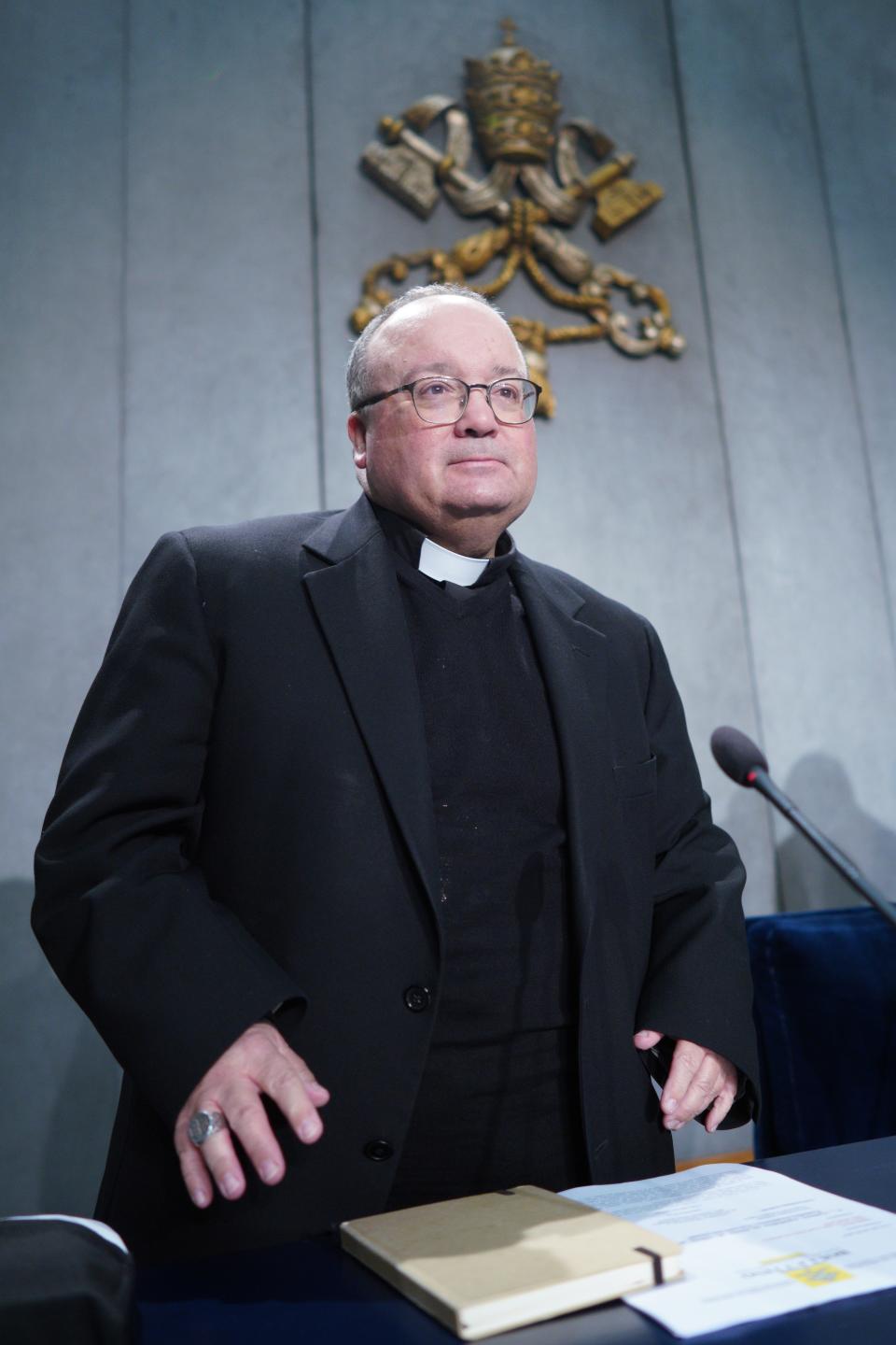 Malta's Archbishop Charles Scicluna arrives for a press conference to present the new sex abuse law, at the Vatican's press room, Rome, Thursday, May 9, 2019. Pope Francis issued a groundbreaking law Thursday requiring all Catholic priests and nuns around the world to report clergy sexual abuse and cover-up by their superiors to church authorities, in an important new effort to hold the Catholic hierarchy accountable for failing to protect their flocks. (AP Photo/Andrew Medichini)