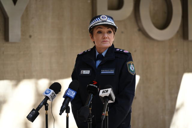 NSW Police Commissioner Karen Webb addresses the media during a press conference in Sydney, Saturday, May 20, 2023. 