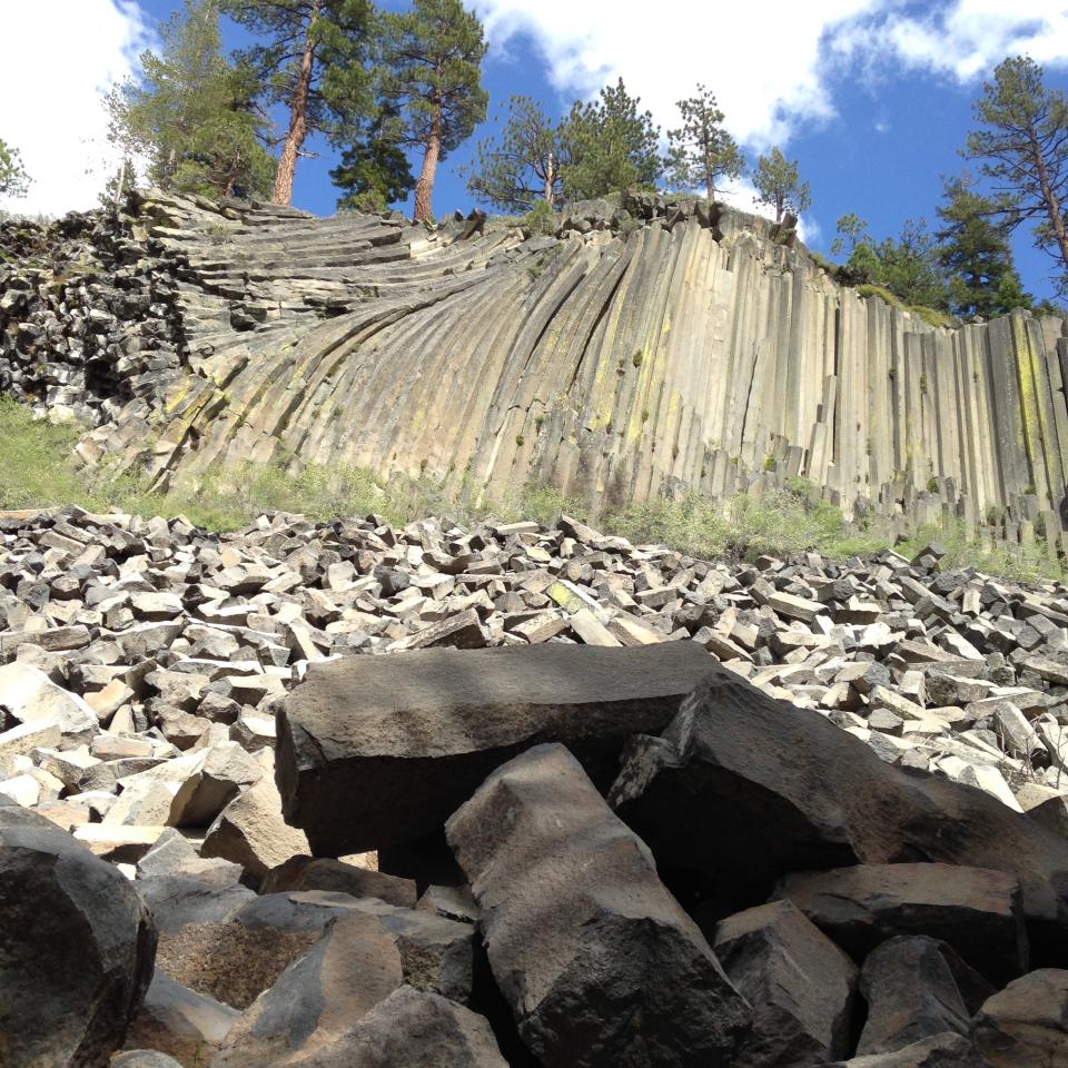 Devil’s Postpile National Monument features basalt columns, result of ancient lava flows.