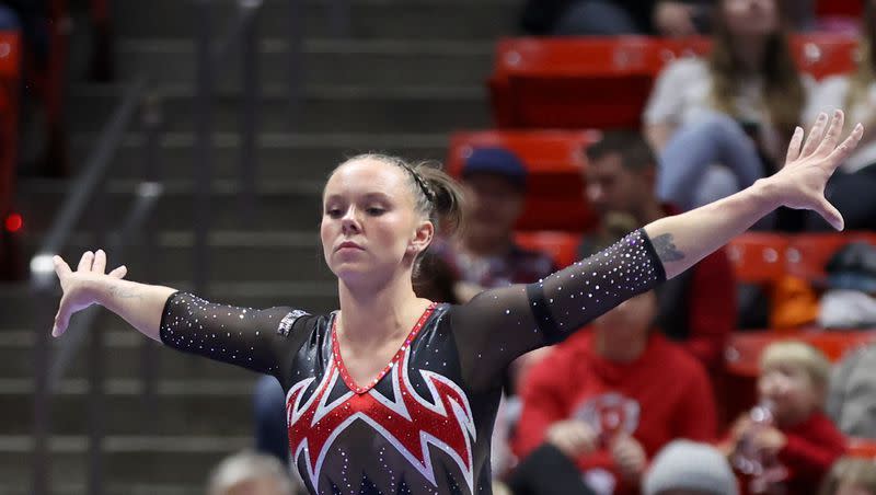 Utah’s Maile O’Keefe performs a perfect 10 beam routine while competing against Boise State at the Huntsman Center in Salt Lake City on Friday, Jan. 5, 2024.