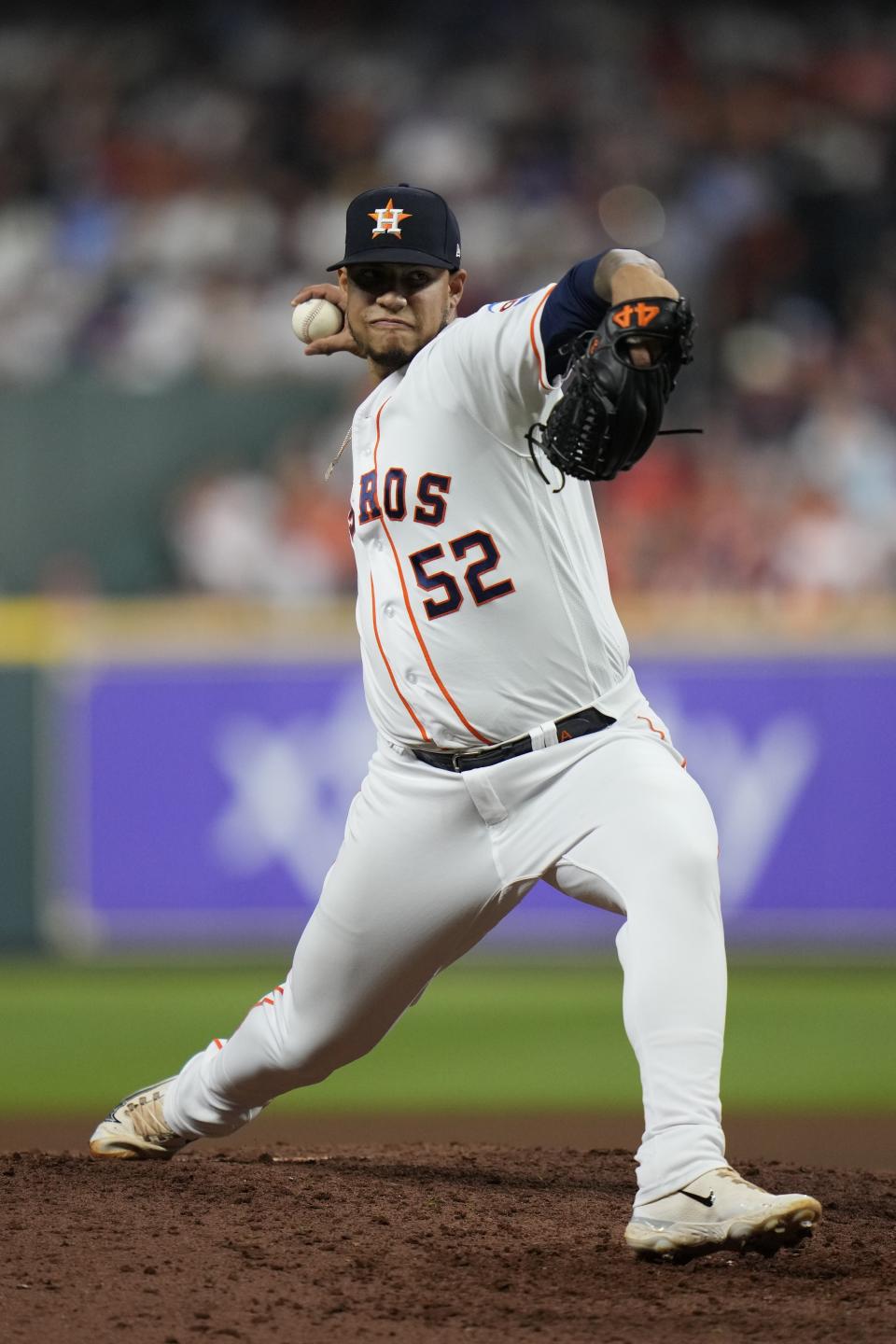 Houston Astros relief pitcher Bryan Abreu throws during the sixth inning of Game 6 of the baseball AL Championship Series against the Texas Rangers Monday, Oct. 23, 2023, in Houston. (AP Photo/Godofredo A. Vásquez)