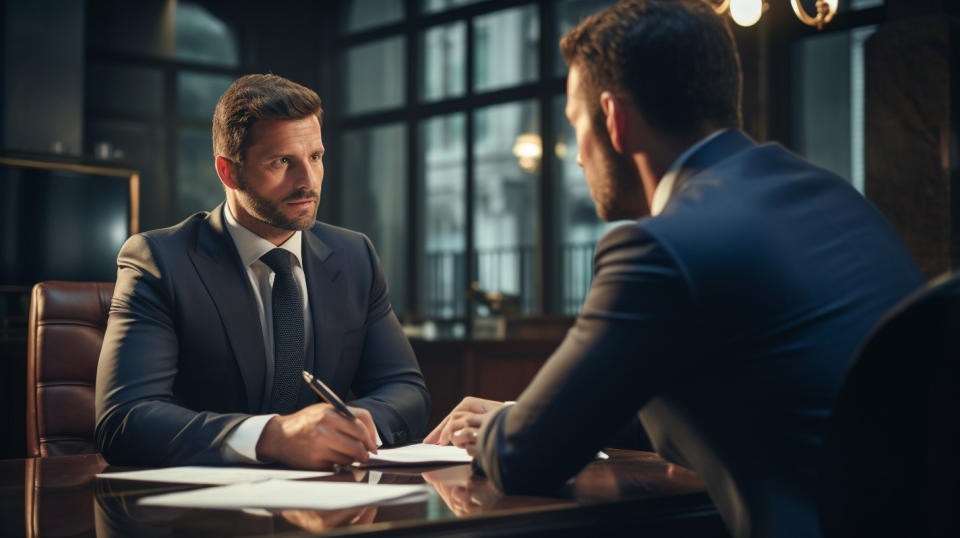 A professional banker providing consultation to a customer in the security of his office.