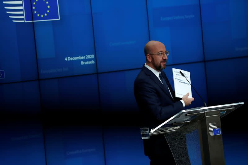 EU Council President Charles Michel attends a news conference in Brussels