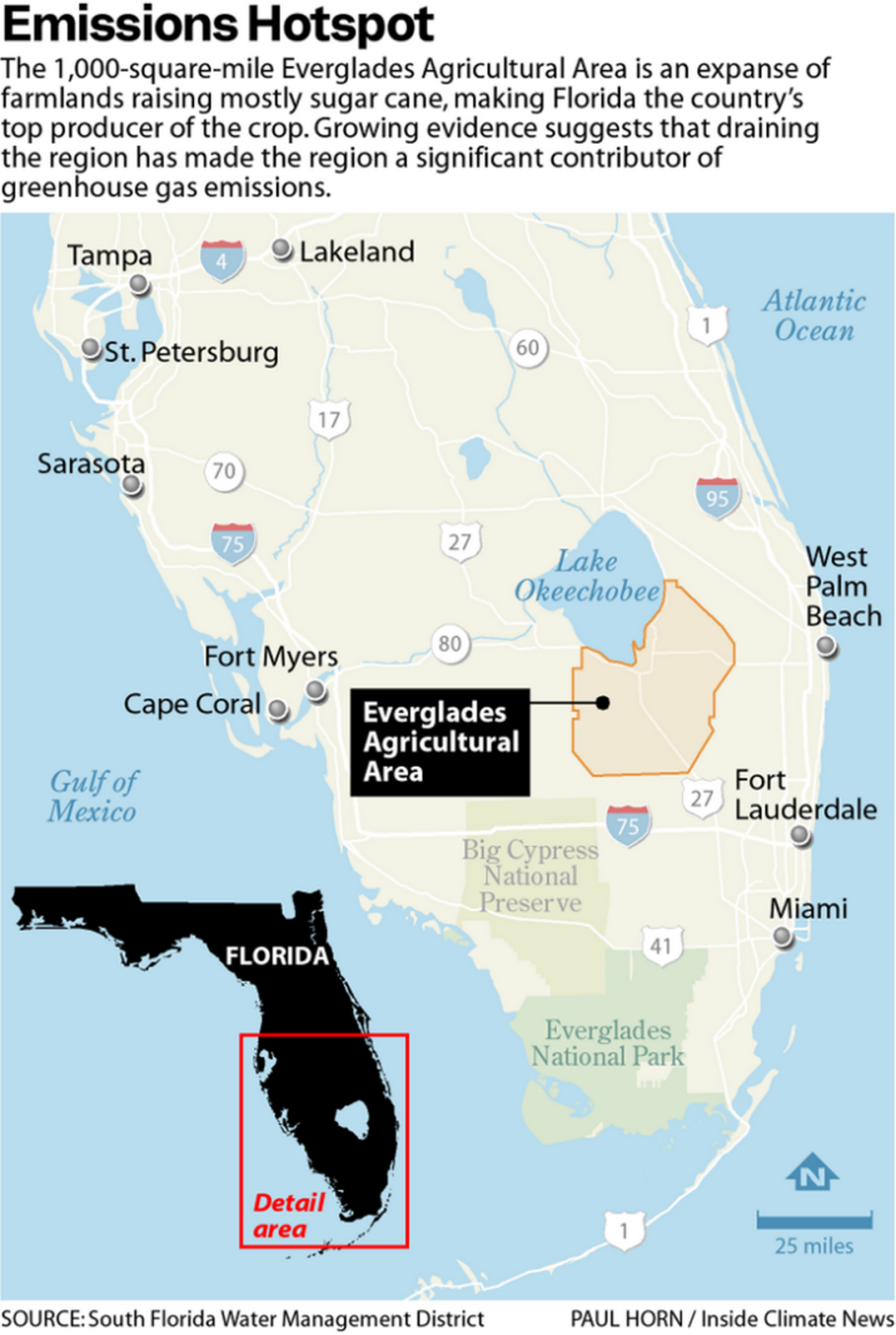 Map showing where the Everglades Agricultural Area is located in Florida.