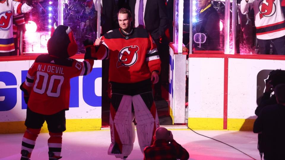 New Jersey Devils goaltender Akira Schmid (40) is named first star against the New York Rangers in game seven of the first round of the 2023 Stanley Cup Playoffs at Prudential Center