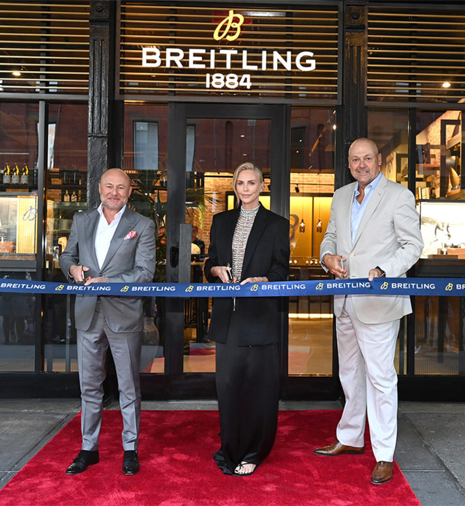 CEO of Breitling SA, Georges Kern, Charlize Theron, and President, Breitling USA, Thierry Prissert attend the Breitling x Charlize Theron Navitimer For The Journey Launch on September 06, 2023 in New York City.