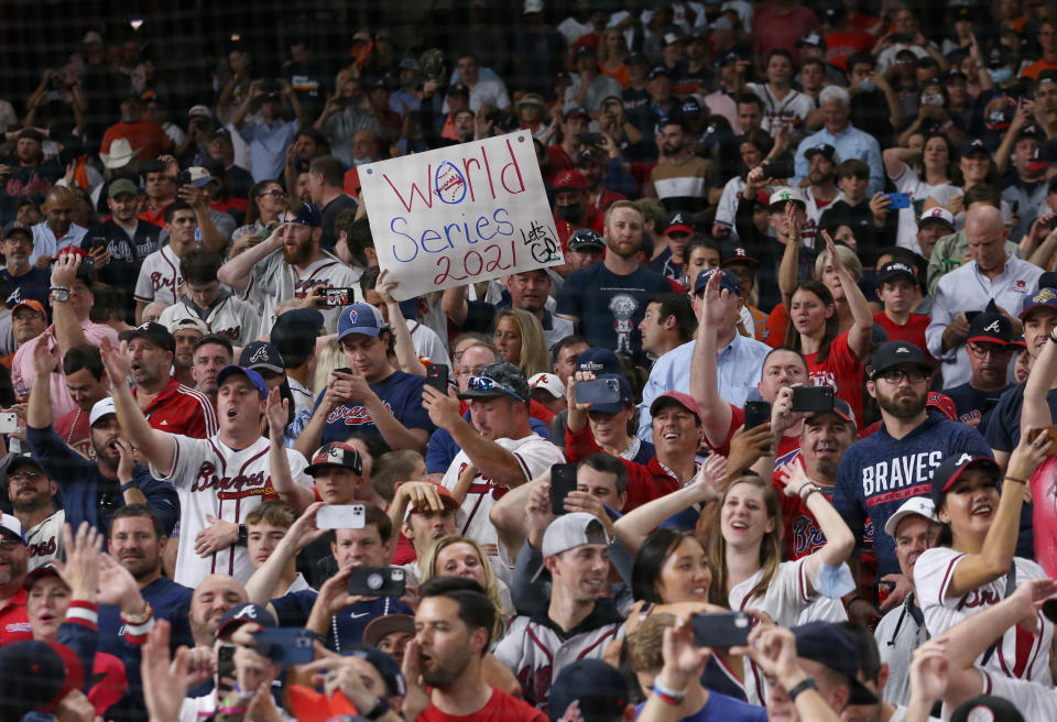 Nov 2, 2021; Houston, TX, USA; Atlanta Braves fans celebrate after the team defeated the Houston Astros in game six of the 2021 World Series at Minute Maid Park. Mandatory Credit: Troy Taormina-USA TODAY Sports