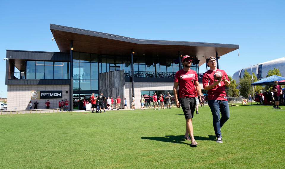 The BetMGM Sportsbook is located just outside of State Farm Stadium, where Super Bowl LVII will be played. (Reuters photo: Rob Schumacher-Arizona Republic)