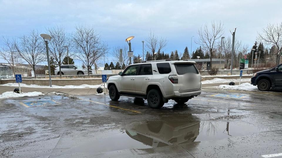 The parking stalls in question are located in front of the north entrance of McCaig Tower at the Foothills Medical Centre, pictured on Jan. 25, 2024. Alberta Health Services (AHS) did not confirm how long the sign was placed there for. 