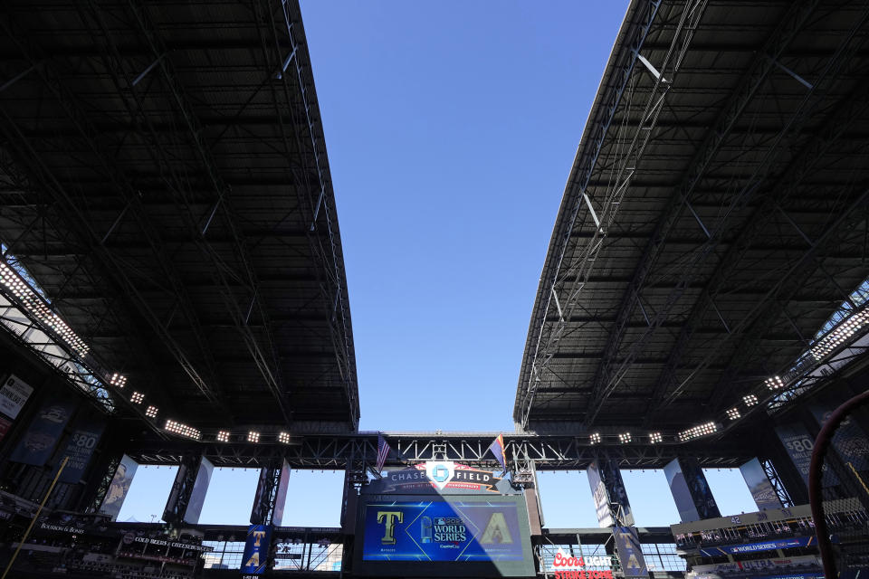 The roof at Chase Field is opened before Game 3 of the baseball World Series between the Texas Rangers and Arizona Diamondbacks Monday, Oct. 30, 2023, in Phoenix. (AP Photo/David J. Phillip)