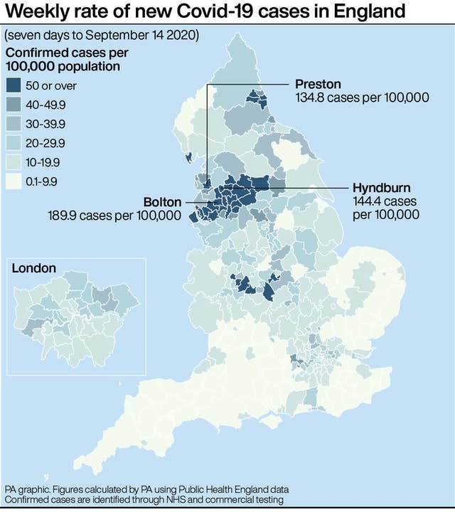 Weekly rate of new Covid-19 cases in England