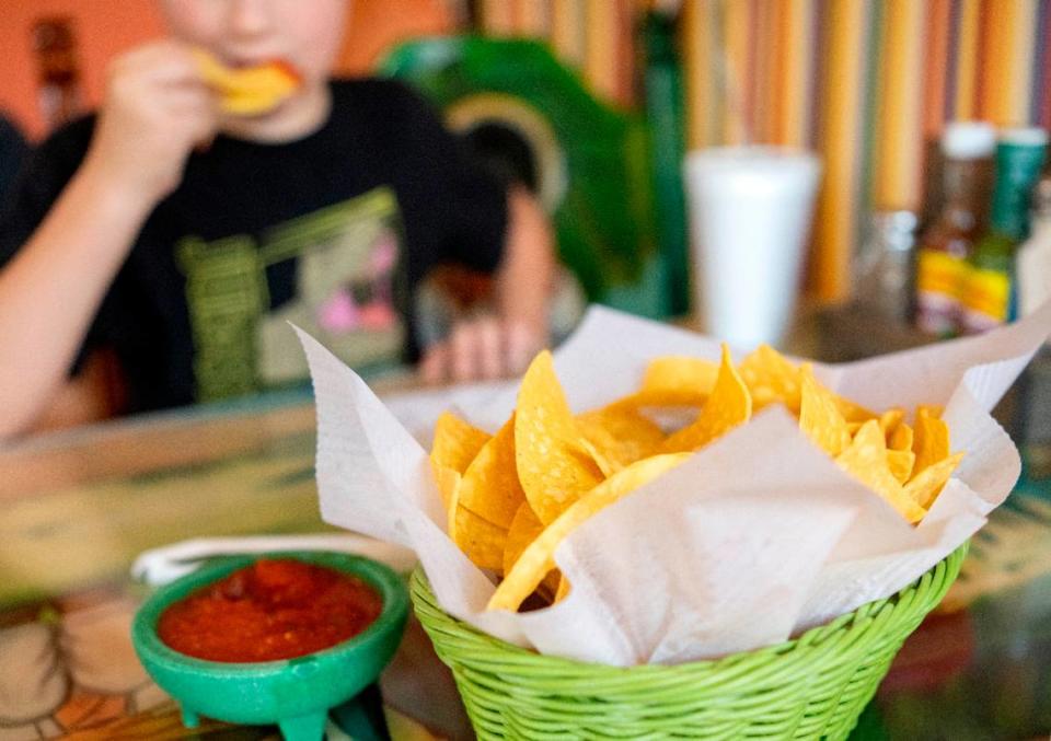 Tortilla chips and salsa at Rey Azteca on Monday, June 26, 2023.