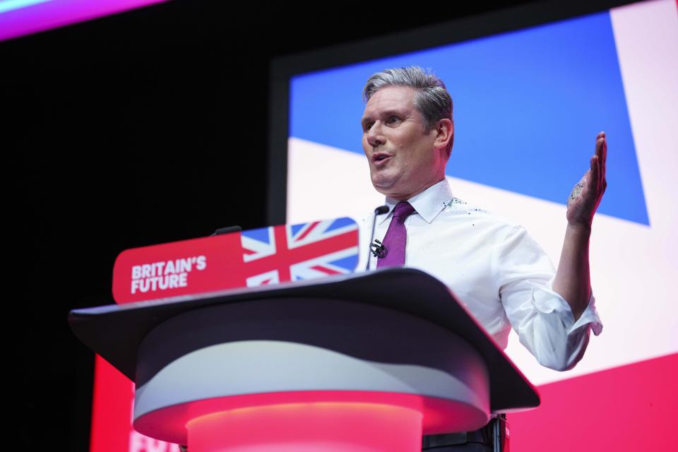 Britain's opposition Labour Party leader Keir Starmer delivers his keynote speech at the Labour Party conference in Liverpool, England, Tuesday, Oct. 10, 2023.(AP Photo/Jon Super)