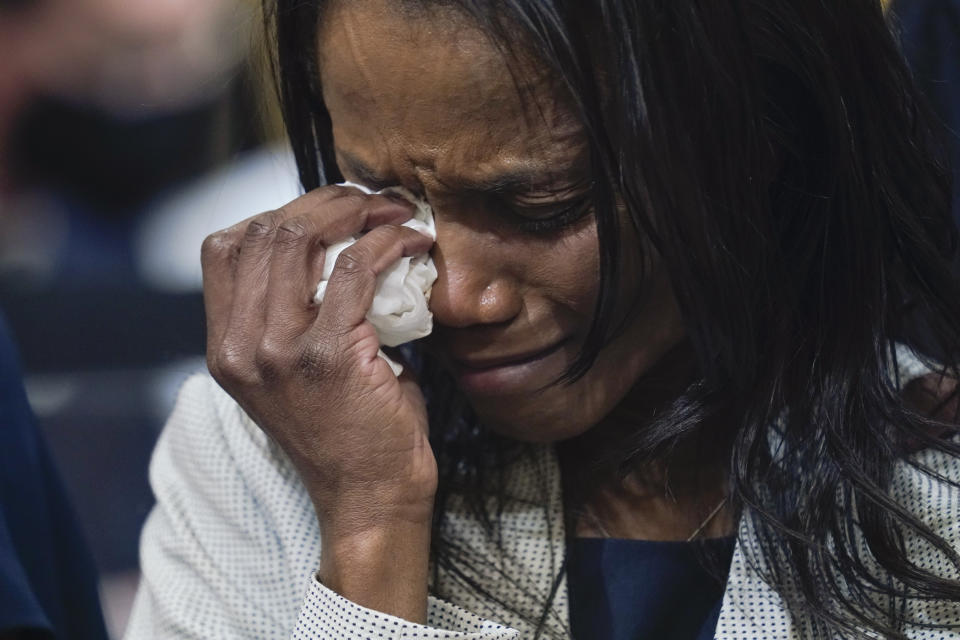 Serena Liebengood, widow of Capitol Police officer Howie Liebengood, cries as a video of the Jan. 6 attack on the U.S. Capitol is played during a public hearing of the House select committee investigating the attack is held on Capitol Hill, Thursday, June 9, 2022, in Washington. (AP Photo/Andrew Harnik)