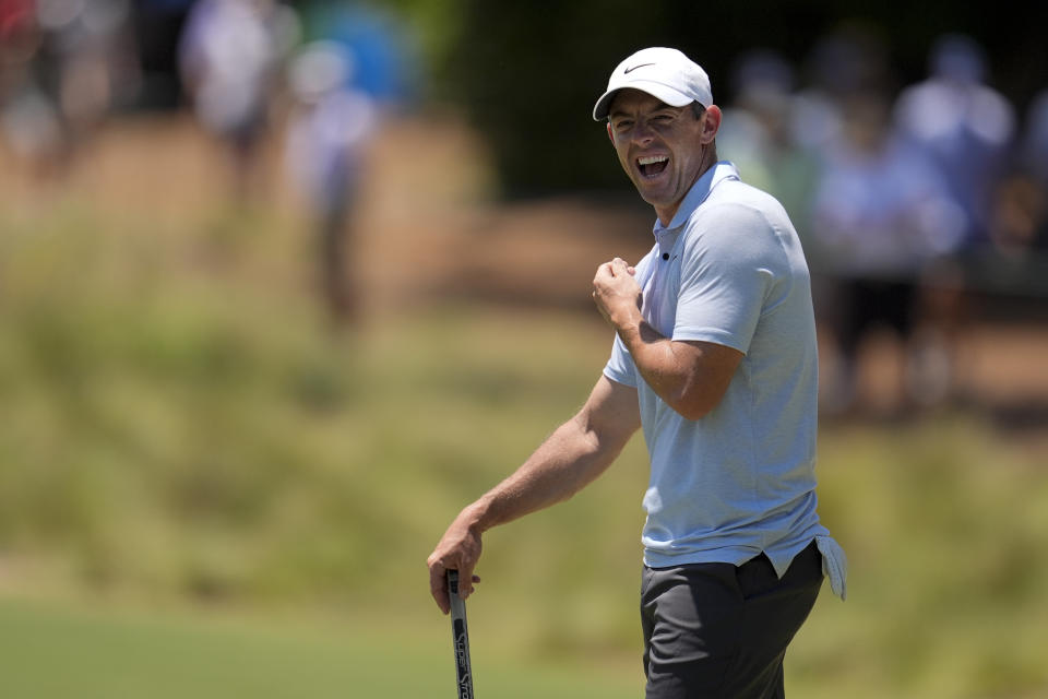 Rory McIlroy, of Northern Ireland, smiles on the first hole during a practice round for the U.S. Open golf tournament Tuesday, June 11, 2024, in Pinehurst, N.C. (AP Photo/George Walker IV)