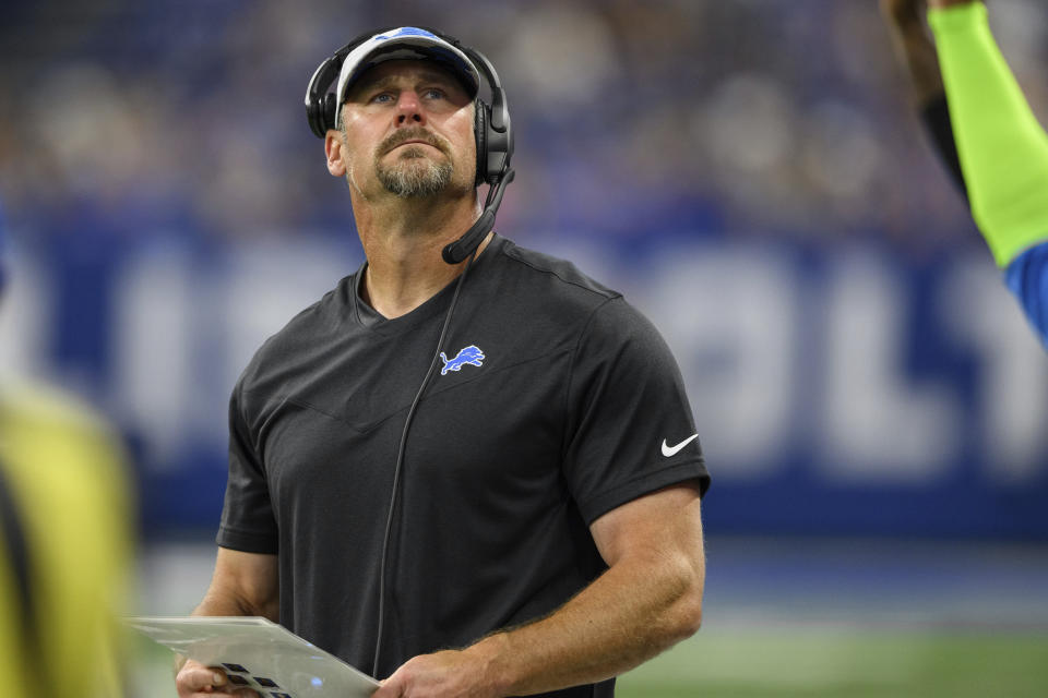 FILE - Detroit Lions head coach Dan Campbell stands on the sidelines during an NFL football game against the Indianapolis Colts, Saturday, Aug. 20, 2022, in Indianapolis. The Philadelphia Eagles and Lions both enter the season with second-year coaches, hoping to take a step forward. For the Eagles, that would mean winning at least one playoff game. For the Lions, approaching a .500 record would surpass expectations. (AP Photo/Zach Bolinger, File)