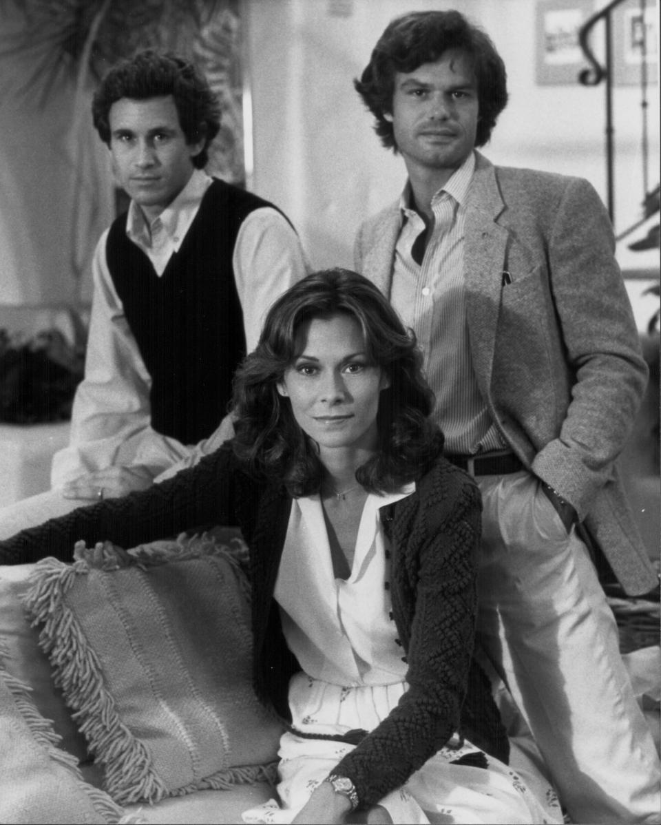 Promotional shot of actors Harry Hamlin, Kate Jackson and Michael Ontkean, as they appear in the movie 'Making Love', 1982. (Photo by Stanley Bielecki Movie Collection/Getty Images)