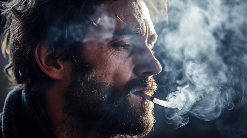 A man exhaling smoke from a cigarette indicating the use of tobacco products. 