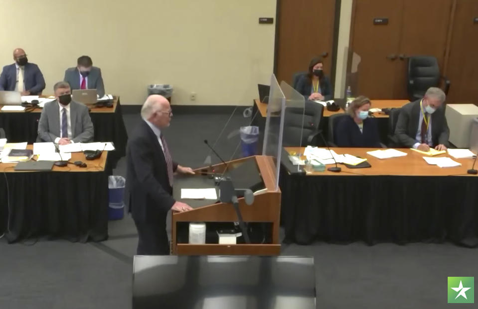 In this screen grab from video, defense attorney Earl Gray, center, questions a potential juror as Hennepin County Judge Regina Chu presides over jury selection Friday, Dec. 3, 2021, in the trial of former Brooklyn Center police Officer Kim Potter at the Hennepin County Courthouse in Minneapolis, Minn. Potter is charged with first- and second-degree manslaughter in the April 11 shooting of Wright, a 20-year-old Black motorist, following a traffic stop in the Minneapolis suburb of Brooklyn Center. (Court TV, via AP, Pool)