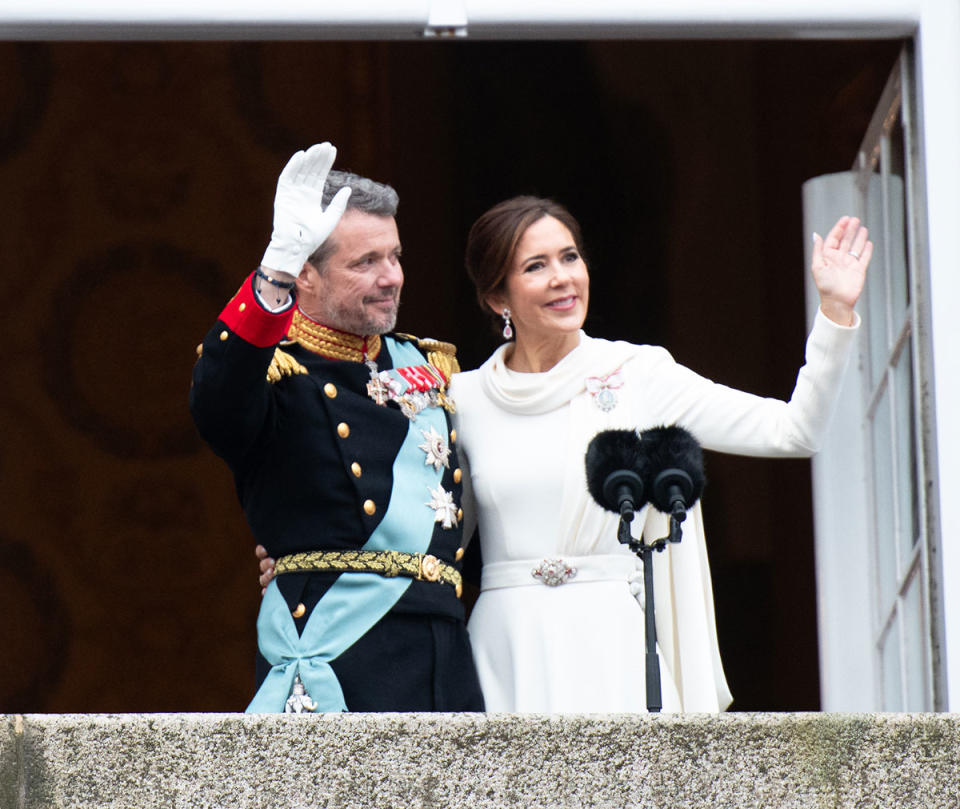 Prince Frederik and Queen Mary on the royal balcony after their coronation