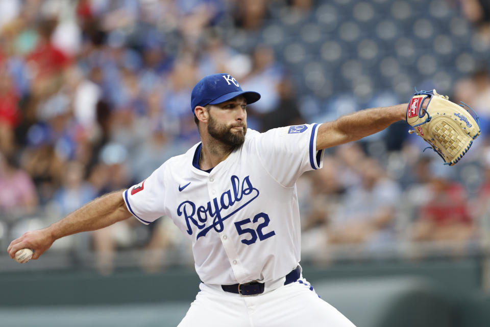 Kansas City Royals pitcher Michael Wacha delivers to a Cleveland Guardians batter during the first inning of a baseball game in Kansas City, Mo., Thursday, June 27, 2024. (AP Photo/Colin E. Braley)