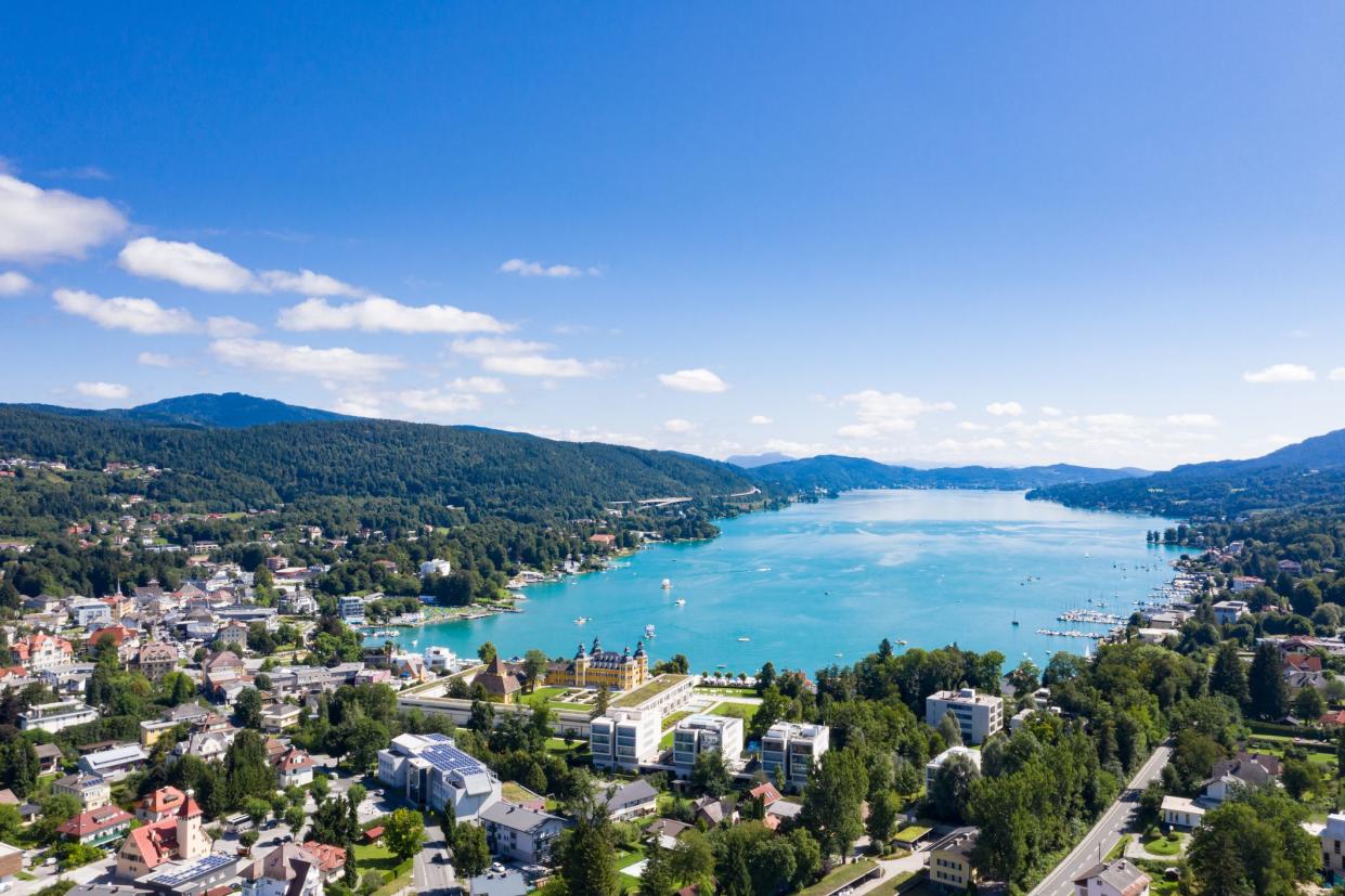 Velden village view at the beautiful lake Wörthersee in Carinthia, Austria.