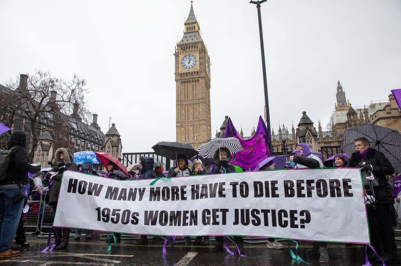 Women from the WASPI (Women Against State Pension Inequality) campaign assemble outside Parliament during Prime Minister's Questions on International Women's Day on 8 March 2023