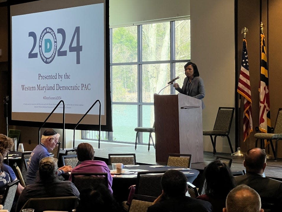 Prince George's County Executive Angela Alsobrooks, a Democrat, speaks to attendees at the Western Maryland Democratic Summit in Flintstone on April 13, 2024. Alsobrooks is seeking a seat in the U.S. Senate.