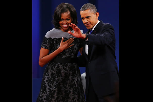 <b>October 2012</b> <br>At the 3rd Presidential Debate in Lynn University, Boca Raton, Florida, she gives support to her husband in a lace number by Thom Browne.