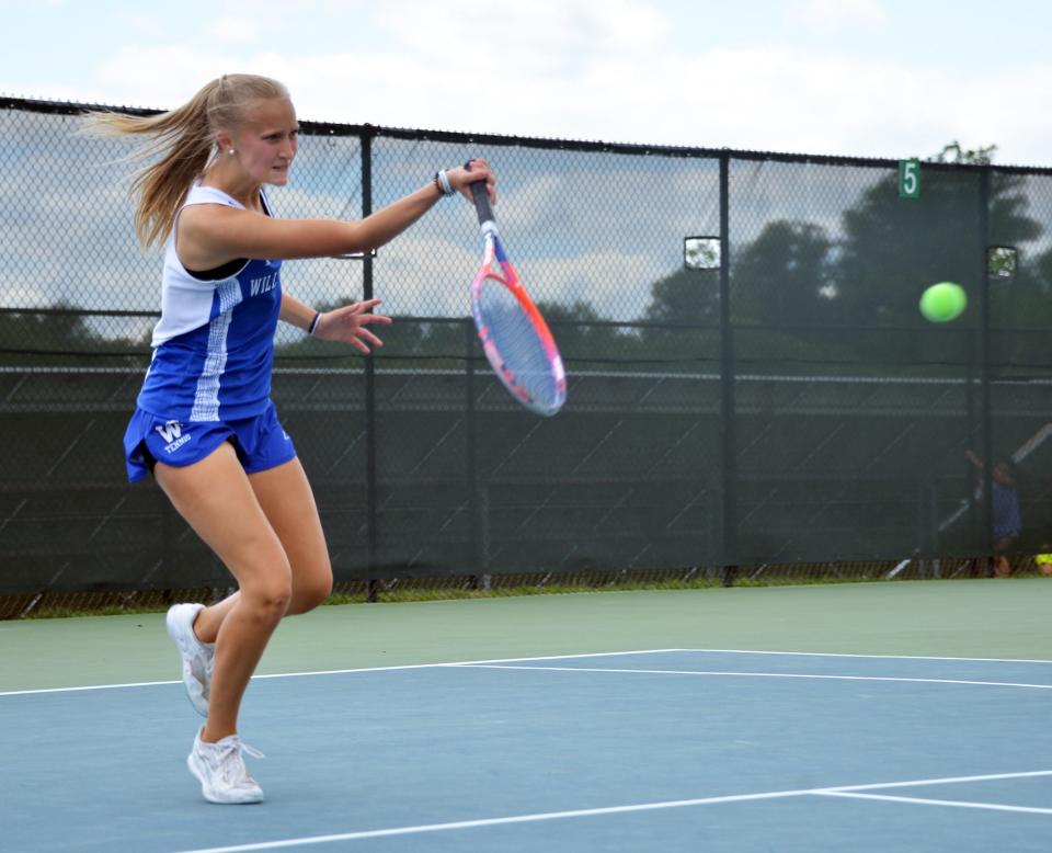 Williamsport sophomore Lauren Toms hits a forehand during the Maryland Class 1A girls singles final on May 28 at the Wilde Lake Tennis Club.