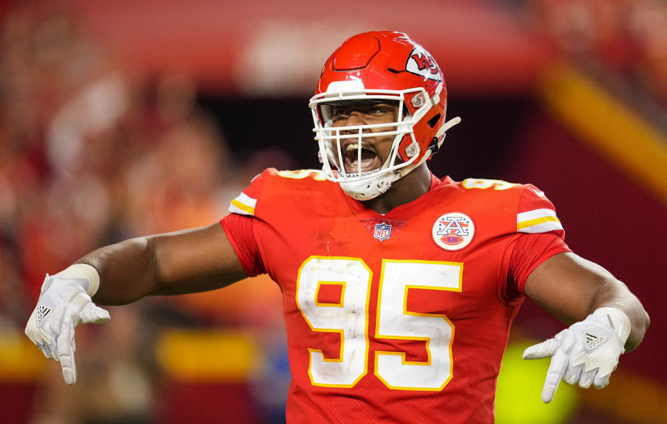 Kansas City Chiefs defensive tackle Chris Jones (95) celebrates after a delay of game penalty on the Las Vegas Raiders during the second half at GEHA Field at Arrowhead Stadium.