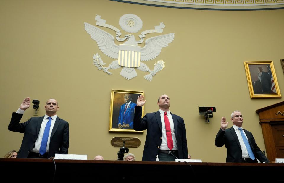 Ryan Graves, executive director of Americans for Safe Aerospace, David Grusch, former National Reconnaissance Officer Representative of Unidentified Anomalous Phenomena Task Force at the U.S. Department of Defense, and Retired Navy Commander David Fravor are sworn-in during a House Oversight Committee hearing titled Unidentified Anomalous Phenomena: Implications on National Security, Public Safety, and Government Transparency on Capitol Hill in Washington, DC. Several witnesses are testifying about their experience with possible UFO encounters and discussion about a potential covert government program concerning debris from crashed, non-human origin spacecraft.