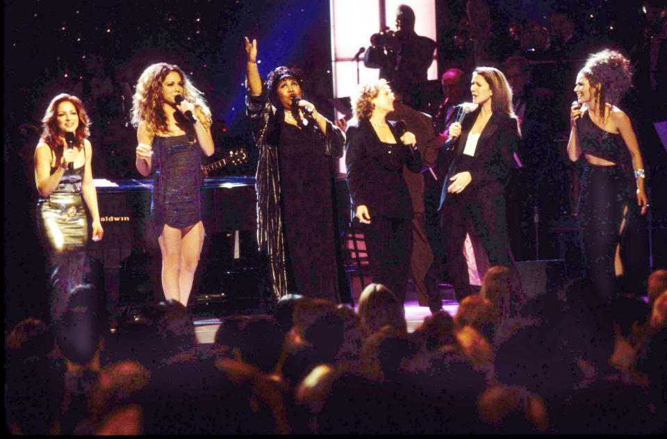 Gloria Estefan, Mariah Carey, Aretha Franklin, Carole King, Celine Dion and Shania Twain at "Divas Live." (Photo: KMazur via Getty Images)