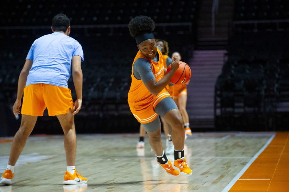 Tennessee guard Destinee Wells (10) runs down the court during Lady VolsÕ media day at Thompson-Boling Arena at Food City Center on Monday, Oct. 23, 2023.