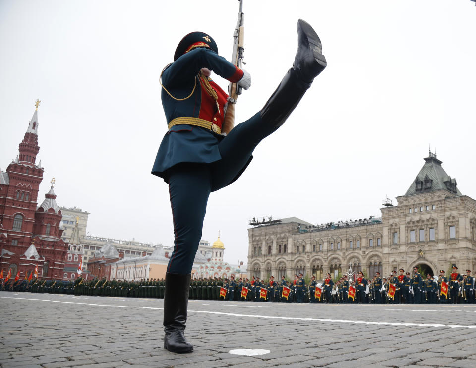 An honor guard takes position during the Victory Day military parade to celebrate 74 years since the victory in WWII in Red Square in Moscow, Russia, Thursday, May 9, 2019. (AP Photo/Alexander Zemlianichenko)