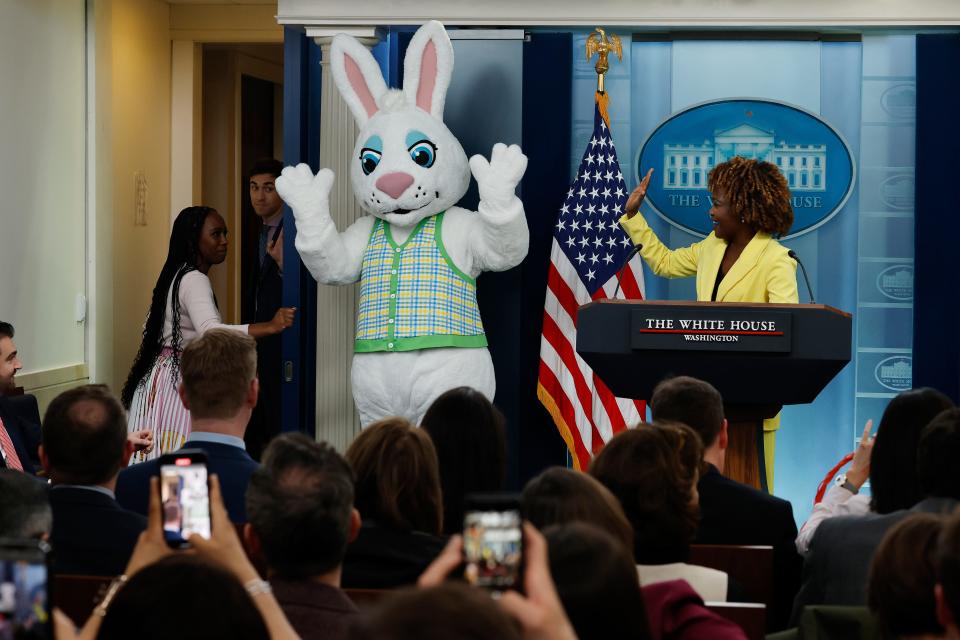 The Easter Bunny joins White House Press Secretary Karine Jean-Pierre for the daily news briefing at the White House on April 01, 2024 in Washington, DC. The costumed character joined Jean-Pierre as the White House hosted about 40,000 people for the annual Easter Egg Roll on the South Lawn.