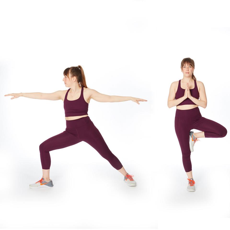 woman demonstrating warrior 2 tree pose outer thigh exercise