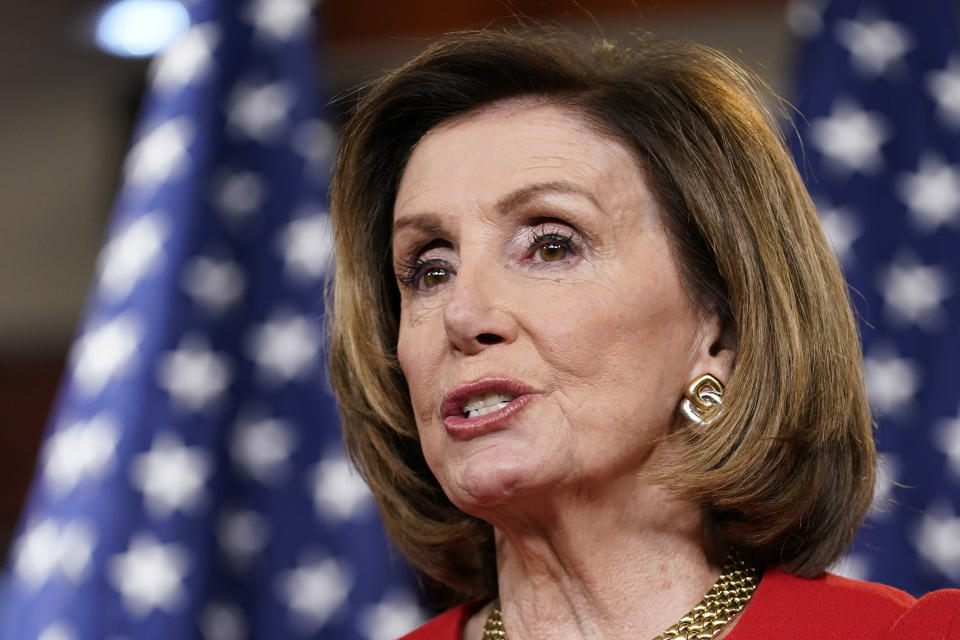 In this May 13, 2021 photo, House Speaker Nancy Pelosi of Calif., speaks during a news conference on Capitol Hill in Washington. Democrats are committed to passing legislation this year to curb prescription drug prices. In the House, Speaker Nancy Pelosi is pushing legislation that imposes a steep tax on drugmakers refusing to deal with Medicare. (AP Photo/Susan Walsh)