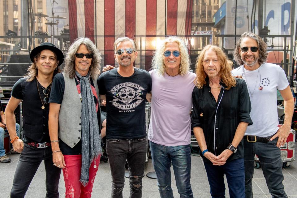 Band members Luis Maldonado, Kelly Hansen, Chris Frazier, Bruce Watson, Jeff Pilson and Paul Mirkovichon backstage as the band Foreigner performs on the "Fox & Friends" Summer Concert Series at FOX Studios on July 22, 2022 in New York City.