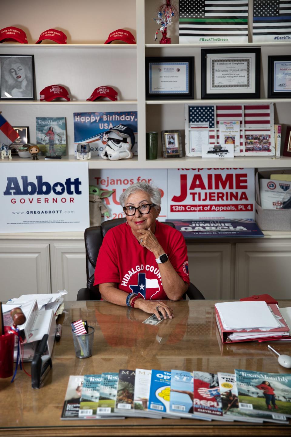 Hilda Garza DeShazo, 68, secretary for Hidalgo County Republican Party, sits in an office at GOP headquarters on Oct. 6 in McAllen, Texas.