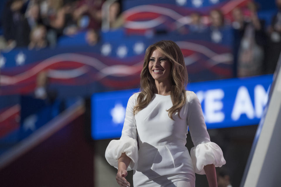 UNITED STATES - JULY 18: Melania Trump, wife of presidential candidate Donald Trump, appears on stage of the Quicken Loans Arena before speaking on first day of the Republican National Convention in Cleveland, Ohio, July 18, 2016. (Photo By Tom Williams/CQ Roll Call) *** Please Use Credit from Credit Field ***