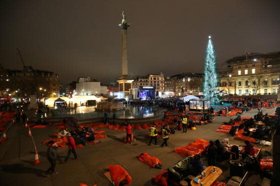 PA: London participants settling in for the World's Big Sleep Out at Trafalgar Square (PA)