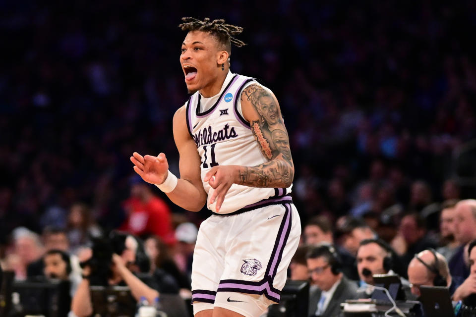 Kansas State&#39;s Keyontae Johnson reacts against Florida Atlantic during the Elite Eight of the 2023 NCAA men&#39;s tournament at Madison Square Garden on March 25, 2023. (Ben Solomon/NCAA Photos via Getty Images)