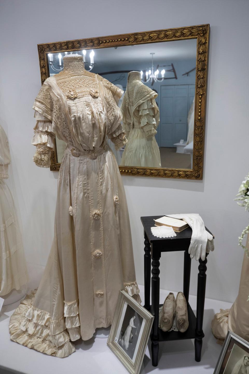 This wedding gown was worn by Georgia Gotshall in 1908 in Toledo, Ohio. It is part of the Shrewsbury Historical Society exhibit on wedding dresses.