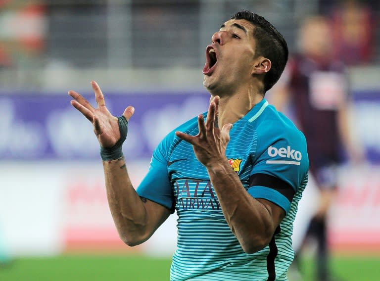 Barcelona's Uruguayan forward Luis Suarez gestures during the Spanish league football match SD Eibar vs FC Barcelona at the Ipurua stadium in Eibar on January 22, 2017